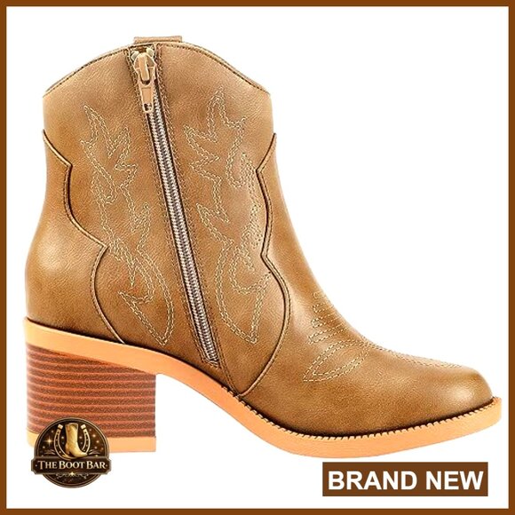 Embroidered Western Cowboy Boots Round Toe Ankle Booties Chunky Heels - Picture 6 of 7